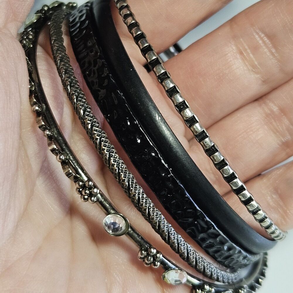 Silver Tone And Black Metal Stackable Bracelet Lot Variety  5 Total